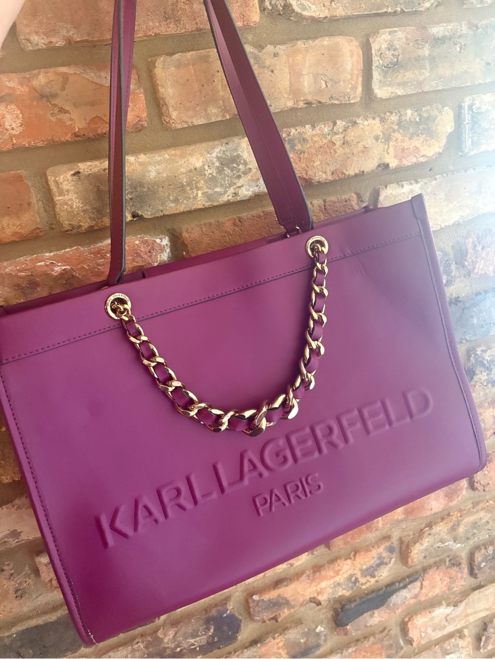 Karl Lagerfeld Purple Leather Tote with Gold Chain Detail